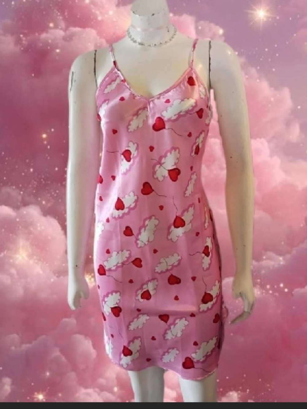 Vtg 90s 00s Moon Dance large pink & red cloud & heart pattern mini slip dress